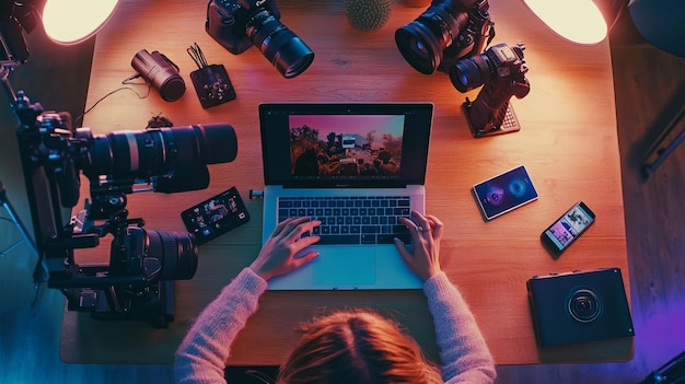 A digital influencer creating content on their laptop surrounded by cameras lights and social med