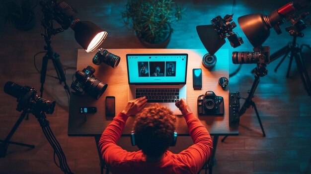 A digital influencer creating content on their laptop surrounded by cameras lights and social med