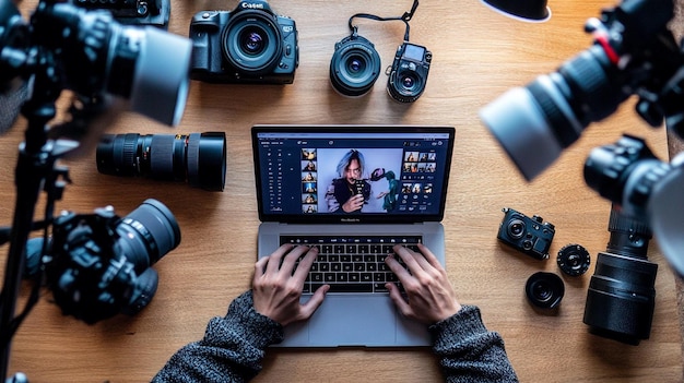 A digital influencer creating content on their laptop surrounded by cameras lights and social med