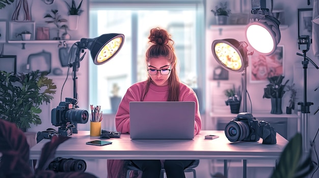 Photo a digital influencer creating content on their laptop surrounded by cameras lights and social med