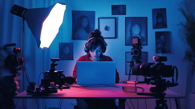 A digital influencer creating content on their laptop surrounded by cameras lights and social med