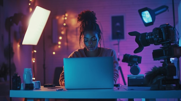 A digital influencer creating content on their laptop surrounded by cameras lights and social med