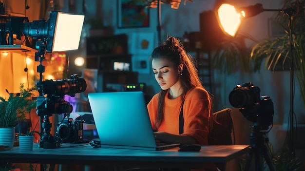 A digital influencer creating content on their laptop surrounded by cameras lights and social med