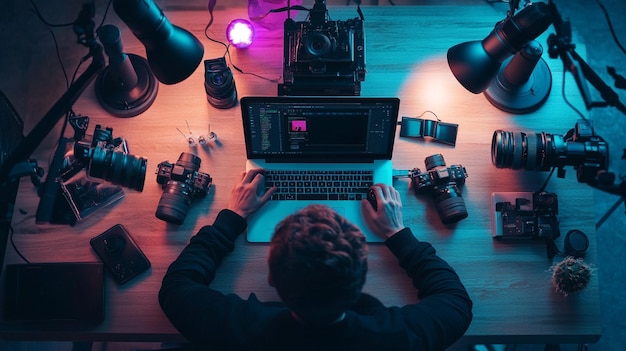 A digital influencer creating content on their laptop surrounded by cameras lights and social med