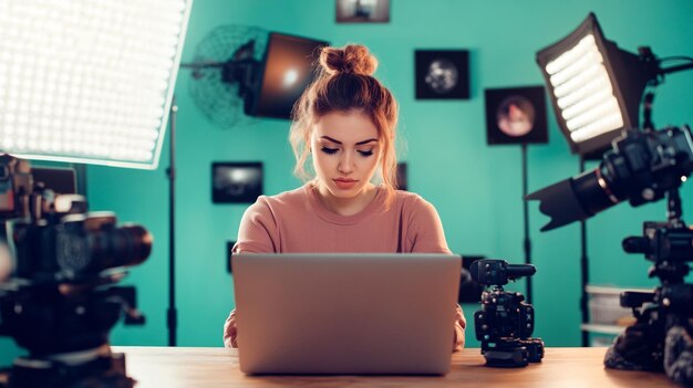 Photo a digital influencer creating content on their laptop surrounded by cameras lights and social med