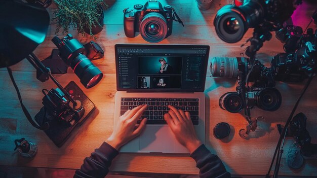 Photo a digital influencer creating content on their laptop surrounded by cameras lights and social med