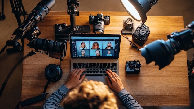 A digital influencer creating content on their laptop surrounded by cameras lights and social med