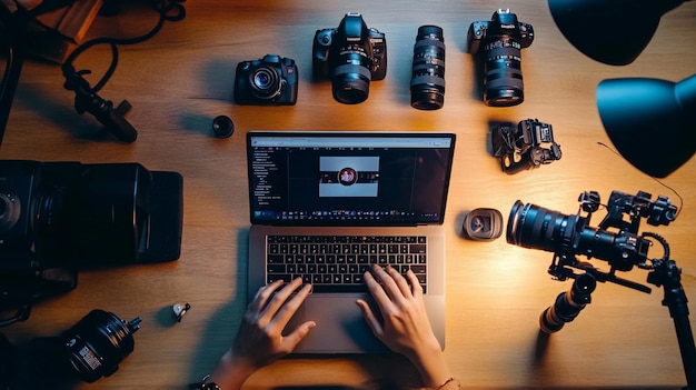 A digital influencer creating content on their laptop surrounded by cameras lights and social med