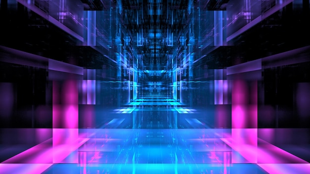 Digital interior building Hi tech Abstract data center server tonel Business technology blurred Polygonal geometric digital cyberpunk space color light 3D render