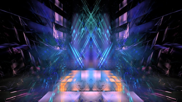 Digital interior building Hi tech Abstract data center server tonel Business technology blurred Polygonal geometric digital cyberpunk space color light 3D render