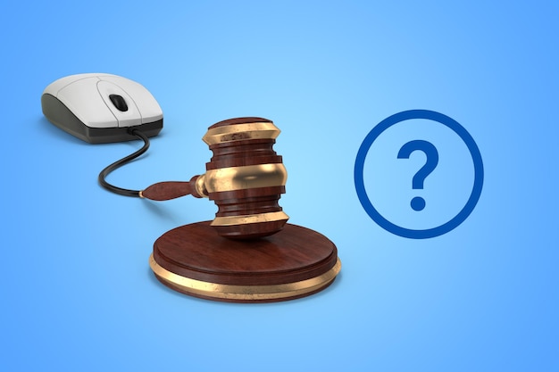 Digital internet law rendering concept with mouse and gavel connection on blue isolated background.