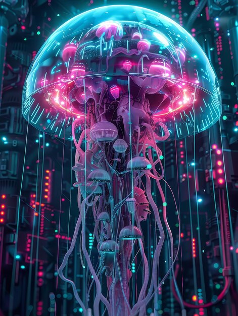 Digital of a jellyfishlike creature evolving into a roboticcyberpunkneonlit formsymbolizing the evolution of intelligence and the convergence of biology and technology in a