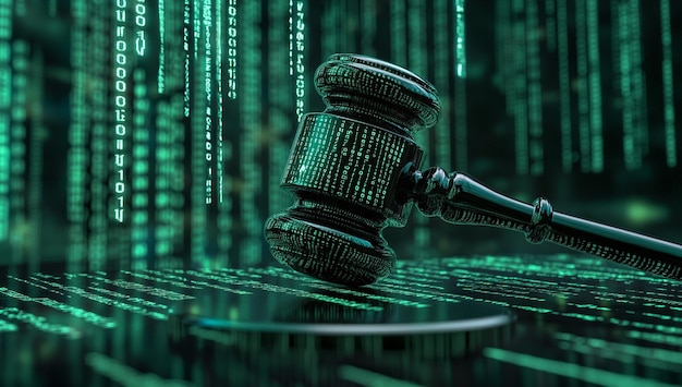 Photo digital judges gavel encoded with binary code symbolizing cyber law and justice systems