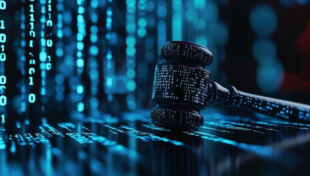 Photo digital judges gavel encoded with binary code symbolizing cyber law and justice systems