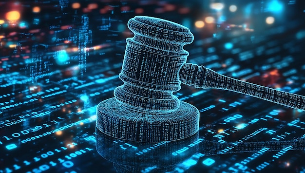 Photo digital judges gavel encoded with binary code symbolizing cyber law and justice systems