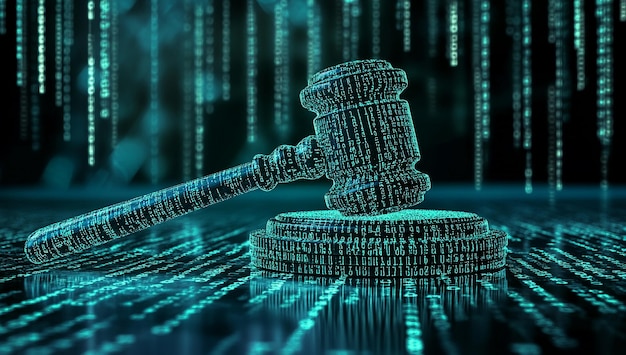 Photo digital judges gavel encoded with binary code symbolizing cyber law and justice systems