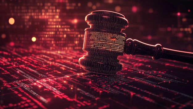 Photo digital judges gavel encoded with binary code symbolizing cyber law and justice systems