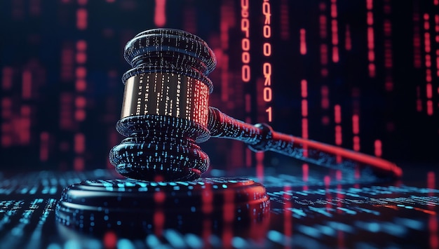 Photo digital judges gavel encoded with binary code symbolizing cyber law and justice systems