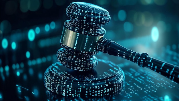 Photo digital judges gavel encoded with binary code symbolizing cyber law and justice systems