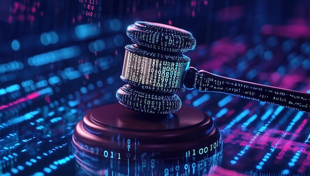 Photo digital judges gavel encoded with binary code symbolizing cyber law and justice systems