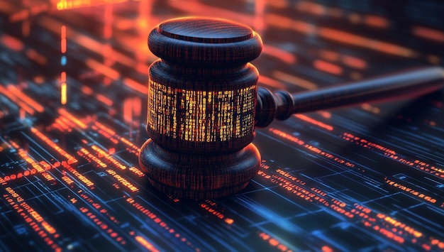 Photo digital judges gavel encoded with binary code symbolizing cyber law and justice systems