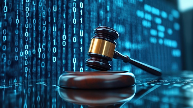 Photo digital justice concept with a gavel and binary code background representing cybersecurity law and legal system technology