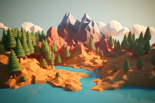 A digital landscape with mountains and a lake.