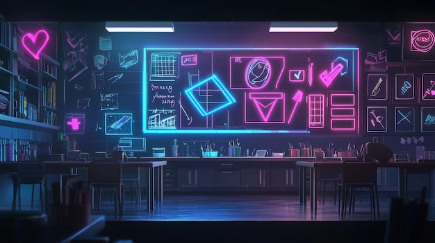 Photo digital learning education concept with neon graphics in modern classroom setting for innovative online learning and technology integration