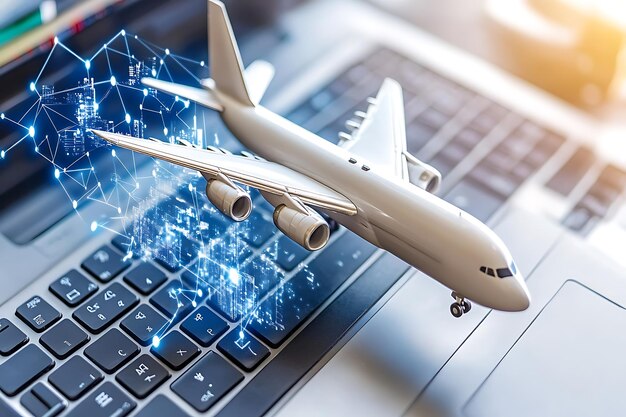 Photo digital logistics concept with airplane model on laptop keyboard and global network connections