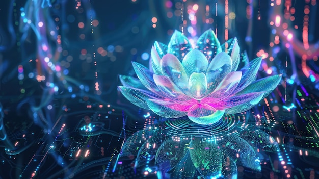 Digital Lotus Bloom in a Futuristic Landscape