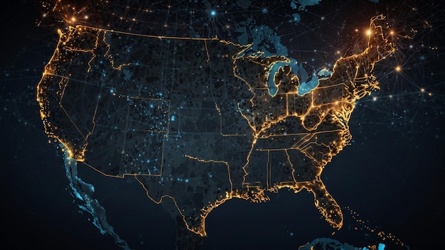 Digital map of the united states with illuminated network connections at night