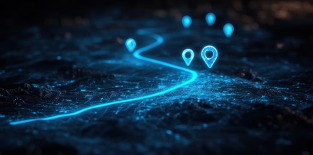 Photo digital map with glowing blue line and location pins