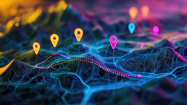 Photo digital map with glowing location pins and a connected route