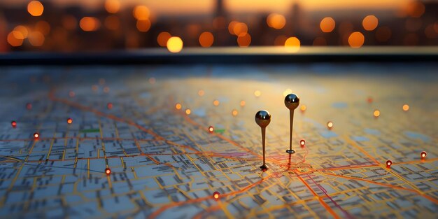 Photo digital map with two visible pins marking specific locations concept locations pins map navigation mapping