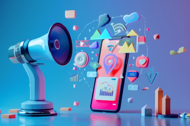 Digital marketing concept with a smartphone and megaphone surrounded by floating icons symbolizing the power of online advertising social media engagement and modern digital communication strategies