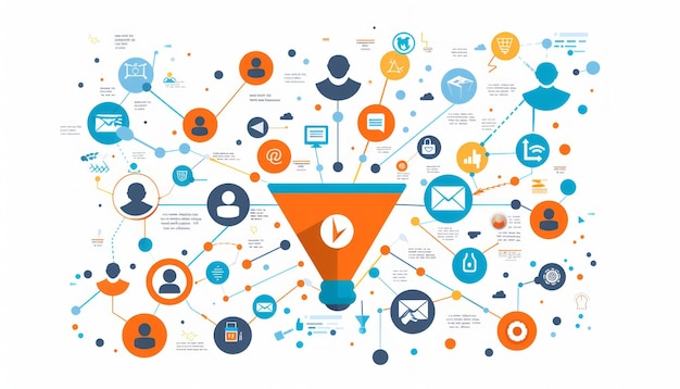 Photo digital marketing funnel with connected icons and data