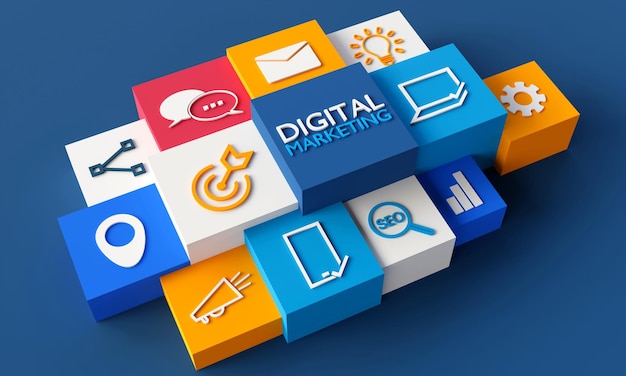 Digital Marketing icons on dark background 3DRendering