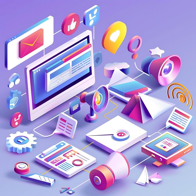 Photo digital marketing illustration with isometric icons