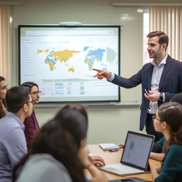 Digital marketing instructor man teaching a class to students in a modern university classroom