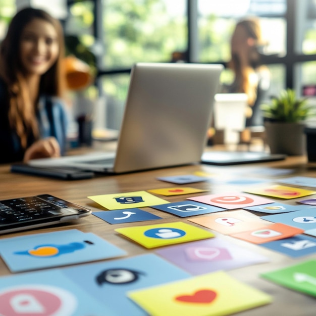 Digital Marketing Workspace with Social Media Icons for Target Audience