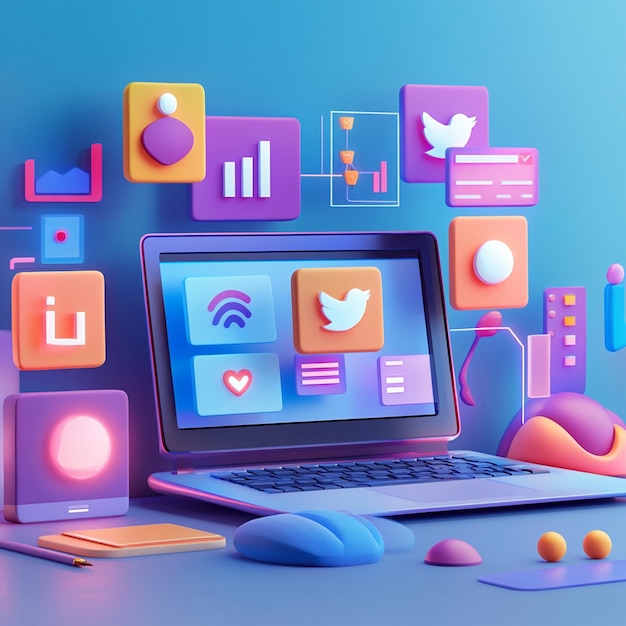 Digital Marketing Workspace with Social Media Icons for Target Audience