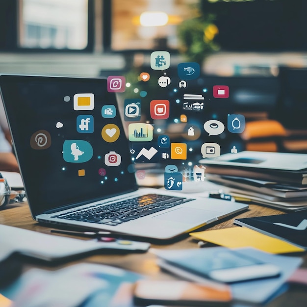 Digital Marketing Workspace with Social Media Icons for Target Audience