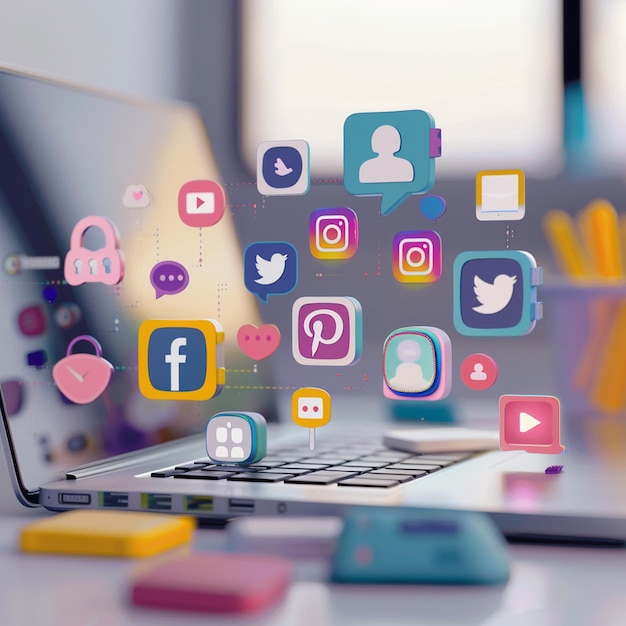 Digital Marketing Workspace with Social Media Icons