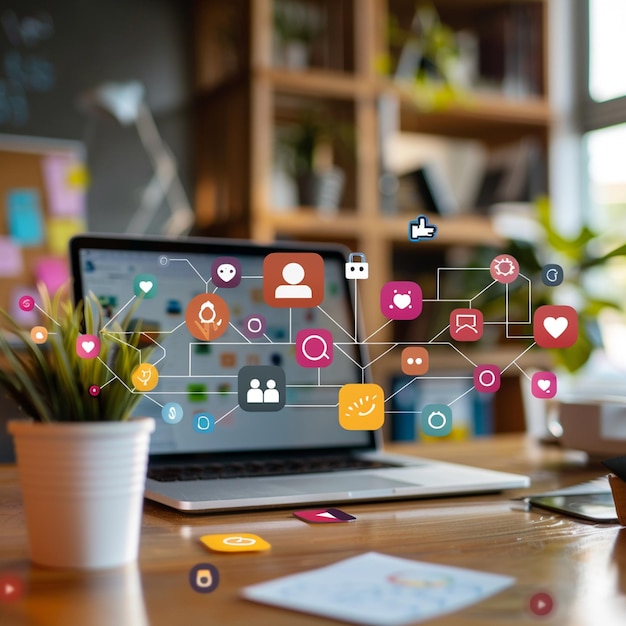 Digital Marketing Workspace with Social Media Icons