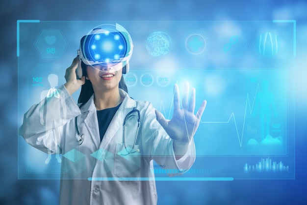 Digital medical health futuristic and global metaverse technology, doctor wearing best VR headset equipment to check internal organs patient on screen, future innovation concept