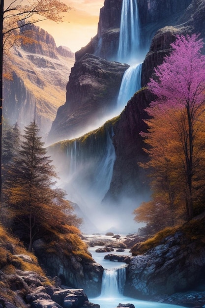 Digital metallic printing A mystical landscape filled with towering mountains cascading waterfalls