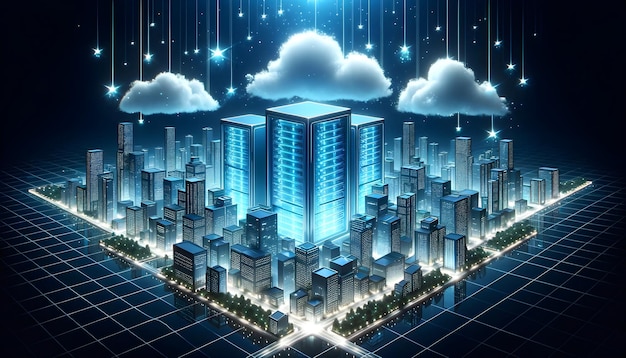 Digital Metropolis Futuristic Cityscape with Glowing Cloud Computing Structures