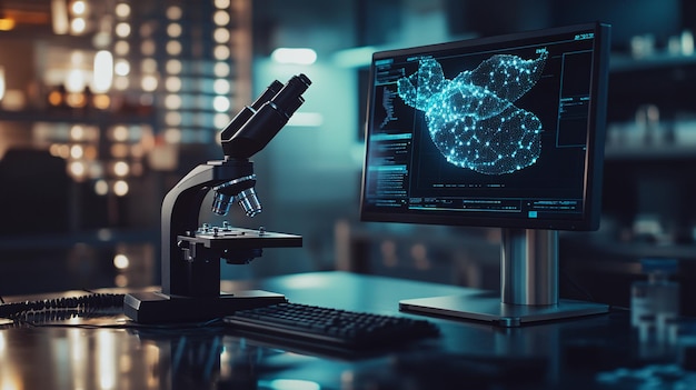 A digital microscope displayed on a sleek metal lab table with its screen showing a highly magnified