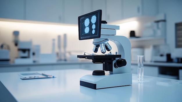 A digital microscope positioned on a clean white laboratory countertop with its screen showing