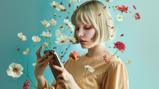 Photo digital mindfulness concept blonde woman with bob haircut looking at smartphone with flowers flying around collage style